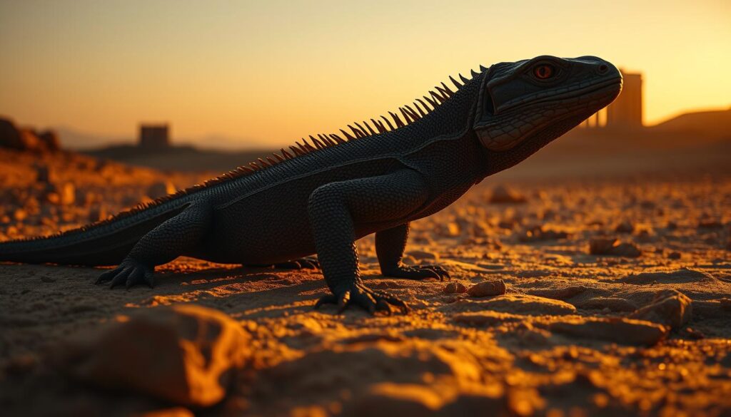 A biblical desert landscape at dusk, with a large, ornately patterned lizard emerging from the shadows. The lizard's scales glisten in the warm, low-angled lighting, casting intricate shadows across the rocky terrain. In the background, faint silhouettes of ancient temple ruins stand tall, hinting at the deep cultural and spiritual significance of this reptilian figure. The scene is imbued with a sense of mysticism and timelessness, inviting the viewer to ponder the symbolic meaning of the lizard's presence in this sacred, dreamlike environment.