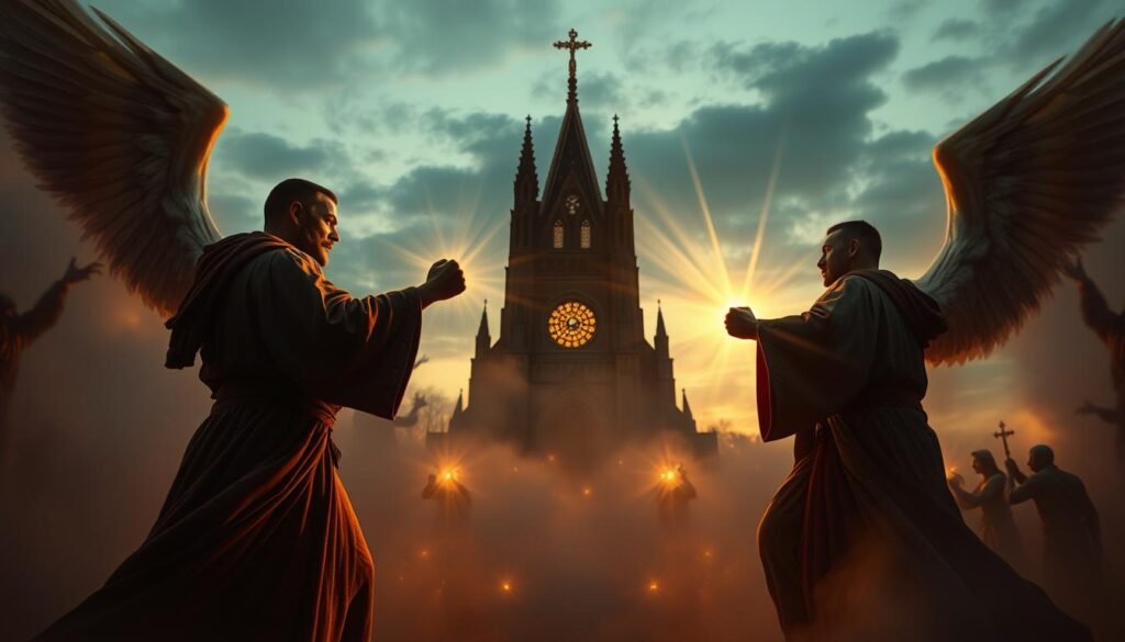 A biblical scene depicting a vivid dream of spiritual warfare. In the foreground, two figures in flowing robes locked in an intense battle, their faces etched with determination. Beams of divine light radiate from their clenched fists, as if channeling heavenly power. The middle ground shows a swirling mist, with faint silhouettes of angelic and demonic entities engaged in an ethereal clash. In the distant background, a towering cathedral stands in the twilight, its stained-glass windows casting a warm glow over the entire scene. The lighting is dramatic, with chiaroscuro effects casting deep shadows and highlights, evoking a sense of high-stakes spiritual drama. Cinematic camera angle emphasizes the epic scale of the confrontation.