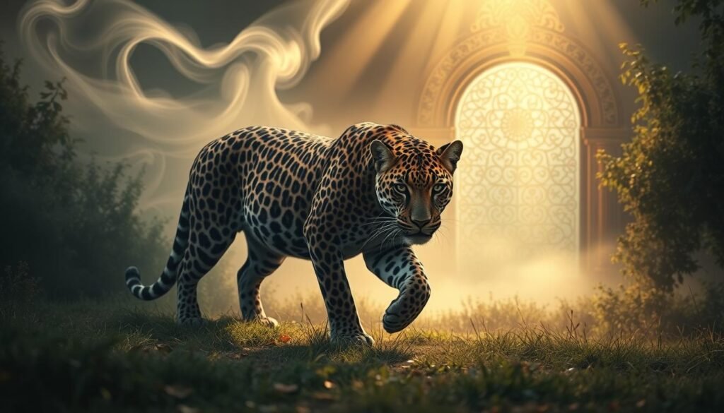 A biblical scene of a majestic leopard in a mystical dream world. A powerful feline prowls through a lush, ethereal landscape, its spotted coat shimmering under the soft, warm glow of heavenly light. In the background, swirling mists part to reveal an ornate, gilded archway, hinting at the divine significance of this encounter. The leopard's piercing eyes seem to hold ancient wisdom, inviting the viewer to ponder the symbolic importance of this symbolic beast in the realm of spiritual interpretation. Capture the sense of wonder and spiritual revelation at the heart of this dreamlike vision.