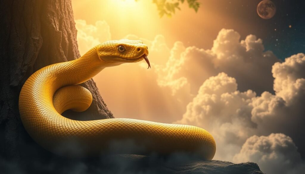 A biblical serpent coiled around a tree, its yellow scales glistening in the soft, warm light. The snake's piercing eyes and forked tongue convey an aura of ancient wisdom and mystical symbolism. In the background, a dreamscape unfolds, with ethereal clouds and celestial bodies hinting at the spiritual realm. The scene is bathed in a serene, contemplative atmosphere, inviting the viewer to ponder the deeper meanings behind the snake's presence in this sacred, visionary space.