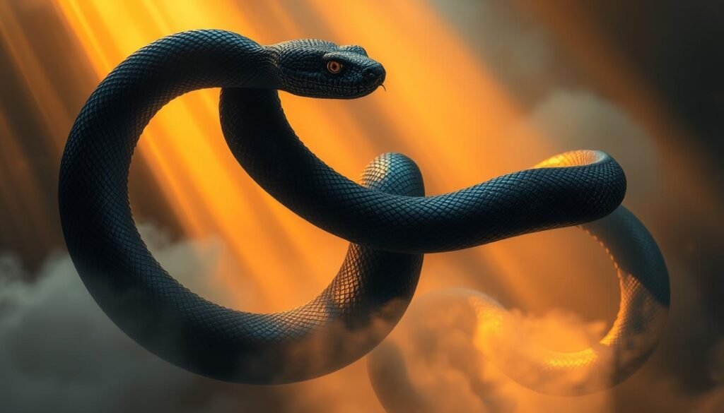 A black serpent slithers and undulates, its scales shimmering with an iridescent glow. As it winds and weaves, the snake transforms, shedding its old skin to reveal a stunning, vibrant new form. Shafts of warm, golden light pierce through a misty, ethereal backdrop, casting an otherworldly, dreamlike atmosphere. The serpent's movement is fluid and graceful, exuding a sense of power and renewal. Captured in a dramatic, cinematic perspective, this visually striking scene conveys the transformative, symbolic energy of the black snake dream.