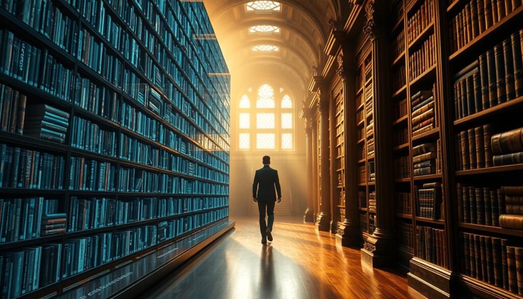 A breathtaking digital library of infinite knowledge stands in contrast to a traditional library filled with weathered tomes. In the foreground, a digital display showcases a vast collection of e-books, their covers shimmering with iridescent light. Beside it, an ornate wooden bookshelf houses ancient volumes, their spines bearing the scars of time. The middle ground blends these two realms, with a single figure navigating the space, drawn equally to the convenience of the digital and the tangible allure of the physical. The background is bathed in warm, golden light, creating an atmosphere of contemplation and discovery. Soft shadows and reflections add depth and dimension, while a sense of harmony pervades the scene, reflecting the duality of our relationship with information in the modern age.