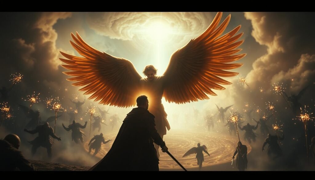 A breathtaking scene of divine intervention in the midst of spiritual combat. In the foreground, a mighty angel with outstretched wings shields a lone warrior, their features illuminated by a warm, heavenly glow. Behind them, the battlefield rages - dark, shadowy entities clashing with shimmering celestial forces, creating an aura of mystical power. The middle ground is a swirling vortex of energy, as if the very fabric of the spiritual realm is being torn asunder. In the distance, a portal of light opens, casting a radiant beam upon the arena, signifying the presence of a higher power guiding the struggle. The lighting is dramatic, with deep shadows and highlights that accentuate the epic, otherworldly nature of the scene. Captured with a cinematic wide-angle lens, the composition draws the viewer into the heart of this divine confrontation.