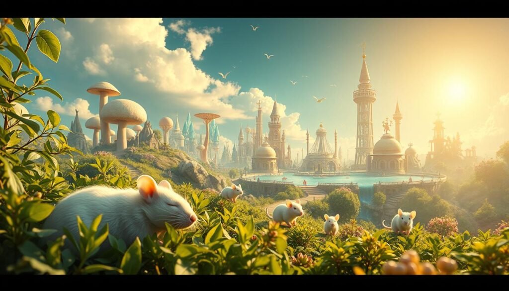 A bright, luminous realm where white rats frolic and dream. In the foreground, a serene white rat snoozes amid lush, verdant foliage, its peaceful slumber a stark contrast to the dynamic middle ground. There, white rats scurry and cavort through a kaleidoscope of vibrant, surreal landscapes - towering mushrooms, crystalline pools, and whimsical architectural structures. The background opens to a boundless sky, bathed in a warm, golden glow that infuses the entire scene with a sense of tranquility and otherworldly wonder. Soft, diffused lighting and a subtle depth of field heighten the dreamlike quality, inviting the viewer to be transported into the secret world of the white rat's imagination.