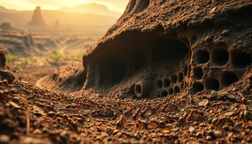 A bustling ant colony comes to life in a vivid dream landscape. In the foreground, a group of worker ants toil together, their coordinated movements reflecting the power of collective effort. The middle ground reveals intricate tunnels and chambers, a intricate network of pathways that snake through the soil. In the background, the colony's towering mound stands tall, casting a warm, earthy glow under soft, diffused lighting. The scene exudes a sense of harmony, community, and the overwhelming importance of teamwork, a powerful metaphor for the human experience.