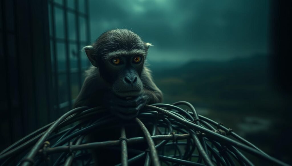 A caged monkey, its eyes filled with a haunting despair, rests atop a tangle of metal bars. The dim, moody lighting casts deep shadows, enhancing the sense of confinement and unease. In the background, a blurred, dreamlike landscape suggests the monkey's longing for freedom and its untamed, natural state. The overall atmosphere evokes a sense of melancholy and the inner turmoil of being trapped, both physically and metaphorically. Captured with a wide-angle lens, the scene draws the viewer into the monkey's plight, inviting introspection on the meaning of this captivating, symbolic dream.