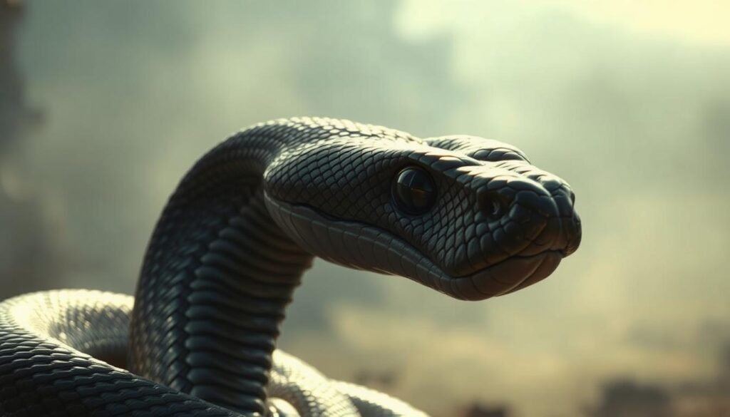 A captivating close-up of a coiled king cobra, its glistening scales reflecting the soft, ethereal light. The serpent's majestic hood flares dramatically, as if ready to strike, conveying a sense of power and primal danger. In the background, a hazy, dreamlike landscape emerges, hinting at the mystical and spiritual realms. The overall atmosphere is one of introspection and contemplation, inviting the viewer to ponder the symbolic meaning of this iconic reptile and its connection to the subconscious mind.