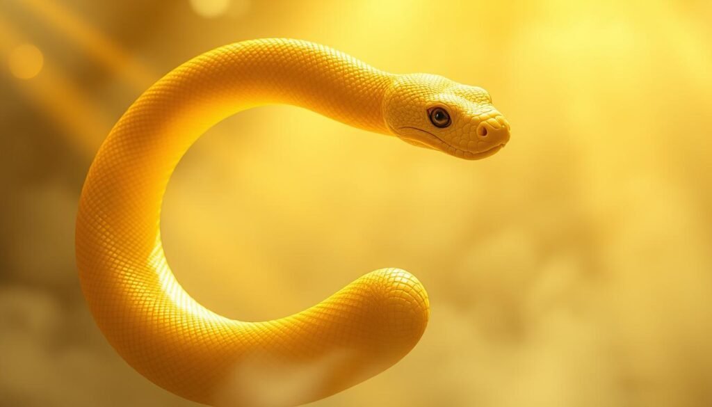 A captivating yellow serpent coiled gracefully, its scales shimmering with an ethereal glow. The snake's body twists and undulates, transforming into a shimmering vortex of energy, representing the spiritual awakening and personal growth it symbolizes. Intricate, organic patterns dance across the serpent's form, evoking the profound inner changes taking place. Beams of warm, golden light filter through a misty, dreamlike background, creating an atmosphere of mysticism and enlightenment. The snake's piercing gaze is intense yet serene, conveying a sense of wisdom and enlightenment. Captured with a shallow depth of field and a cinematic, anamorphic lens, this image evokes a heightened sense of spirituality and personal transformation.