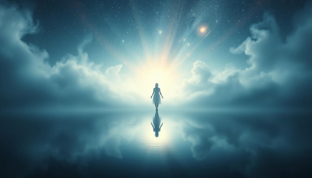 A celestial, dreamlike landscape with a glowing, ethereal figure at the center, standing amidst swirling mists and shimmering, otherworldly light. In the foreground, a serene lake reflects the transcendent scene, while in the background, a vast, starry sky unfolds, conveying a sense of spiritual revelation and divine connection. The composition is balanced, with a strong sense of depth and atmosphere, captured through the use of a wide-angle lens and soft, diffuse lighting. The overall mood is one of contemplation, introspection, and the discernment of spiritual truths.