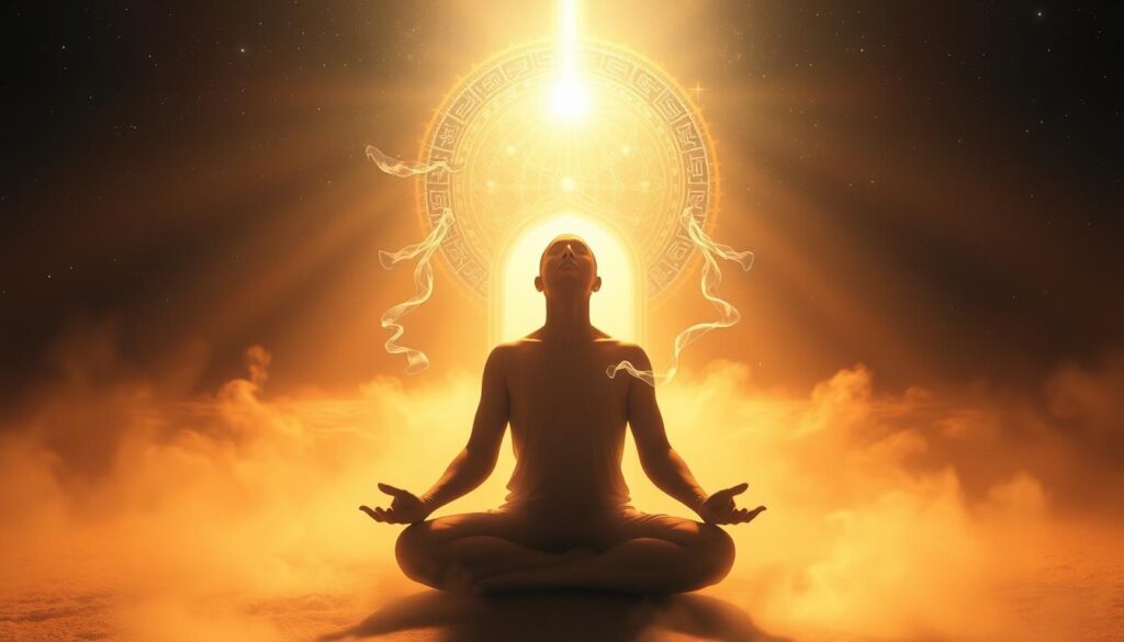 A celestial landscape bathed in a warm, ethereal glow. In the foreground, a serene figure kneels in deep meditation, their countenance suffused with a profound inner light. Cascading veils of energy flow from their hands, intertwining with dancing wisps of mist that rise from the ground. The middle ground reveals a shimmering portal, its edges ringed with celestial symbols and emanating an otherworldly luminescence. Beyond, the background depicts a vast, starry expanse, hinting at the boundless realms of the spiritual dimension. Soft, diffused lighting creates an atmosphere of mysticism and transcendence, inviting the viewer to glimpse the profound visions and prophetic dreams that lie within the realm of the sacred.