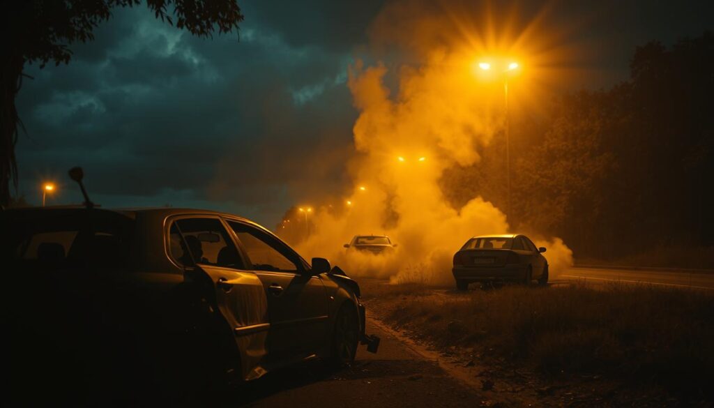A chaotic dream scene of a car accident, bathed in an eerie, foreboding light. In the foreground, a car smashed against a tree, twisted metal and shattered glass. Shadowy figures trapped inside, expressions of terror frozen in time. In the middle ground, smoke and debris swirling, the faint outline of another vehicle careening off the road. In the distance, a dark, stormy sky, heavy with ominous clouds. Flickering streetlights cast an unsettling glow, heightening the sense of unease. The atmosphere is charged with a palpable sense of dread and foreboding, reflecting the subconscious fears and premonitions behind the dream.