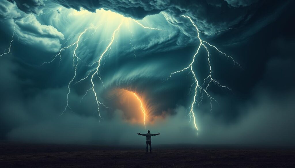 A chaotic scene of a biblical storm rages in the night sky, casting an ominous glow over a desolate landscape. In the foreground, a dramatic tornado twists and turns, its funnel glowing with an eerie, otherworldly light. Bolts of lightning crackle and flash, illuminating the swirling clouds above. In the middle ground, a lone figure stands, arms outstretched, as if beseeching the heavens. The background is shrouded in a hazy mist, adding to the sense of foreboding and mystery. The overall atmosphere is one of awe, fear, and the power of the divine. The scene evokes a sense of the biblical symbolism of storms, their destructive force, and their potential to signify divine judgment or a transformative spiritual experience.