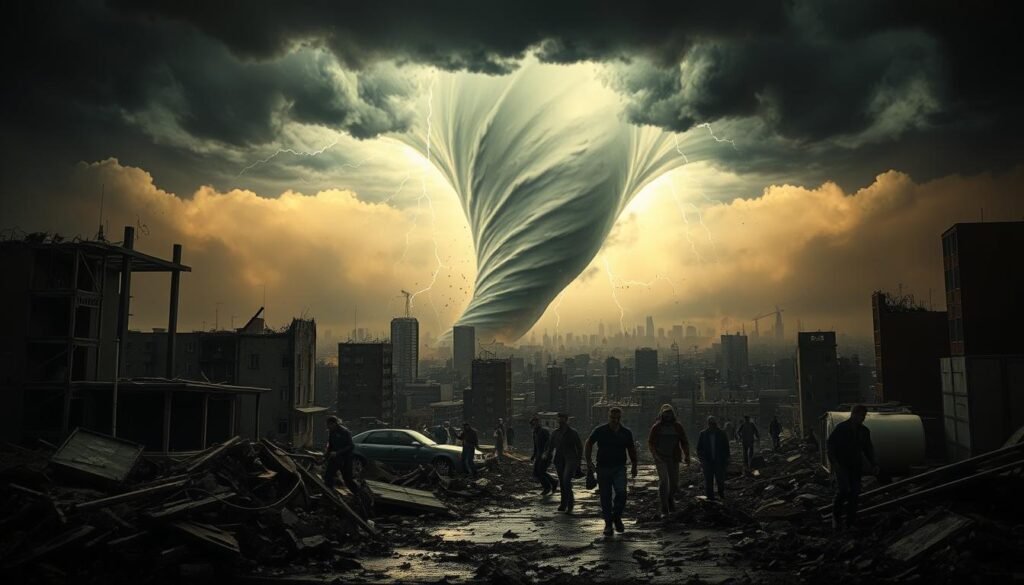 A chaotic scene of a powerful tornado swirling through a cityscape, the dark clouds above illuminated by flashes of lightning. In the foreground, debris and shattered buildings create a sense of destruction, while in the middle ground, terrified citizens flee the onslaught. The background fades into a hazy, dystopian landscape, hinting at the broader social and political upheaval mirrored in the turbulent weather. The image is rendered in a cinematic, high-contrast style, with a moody, ominous atmosphere that captures the tension between the natural forces and the human experience. The lighting is dramatic, with deep shadows and highlights that accentuate the storm's raw power.