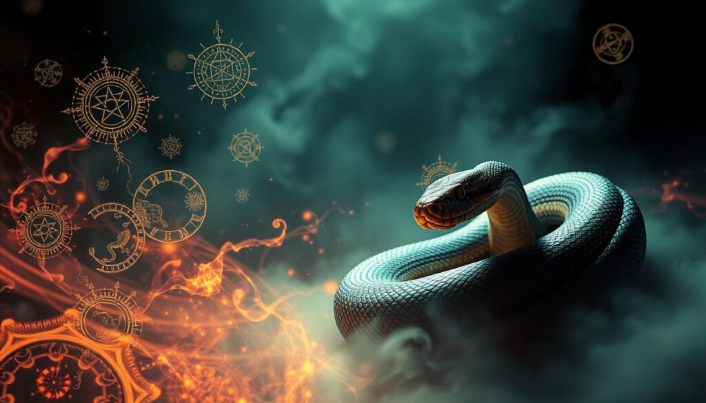 A coiled Python snake, its scales shimmering, emerges from a swirling, psychedelic dreamscape. Ethereal glyphs and symbols float in the foreground, conveying protective messages and dire warnings. Wisps of ethereal energy crackle around the snake, hinting at hidden powers. In the middle ground, a kaleidoscopic array of fractals and abstract patterns swirl, creating a disorienting, mind-bending atmosphere. The background is shrouded in an impenetrable, otherworldly mist, lending an air of mystery and foreboding. Dramatic, high-contrast lighting casts dramatic shadows, heightening the sense of drama and urgency. Rendered in a cinematic, hyperrealistic style, the scene evokes a sense of mysticism and the paranormal.