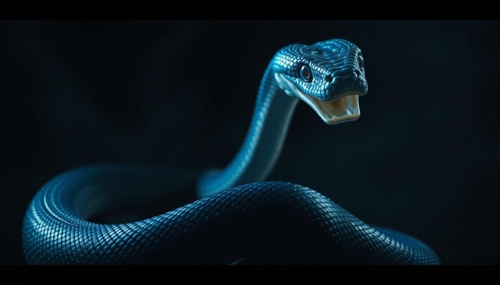 A coiled blue serpent writhes against a dark, shadowy backdrop, its piercing gaze conveying a sense of deception and hidden motives. The snake's scales shimmer with an iridescent sheen, casting an eerie glow that seems to emanate from within. The foreground is sharply focused, while the background fades into a hazy, dreamlike realm, hinting at the subconscious nature of the symbolism. Dramatic lighting casts deep shadows, creating a foreboding atmosphere that suggests the snake's true nature is not to be trusted. The composition is balanced, with the snake's sinuous form taking center stage, drawing the viewer's attention to the heart of the deception.