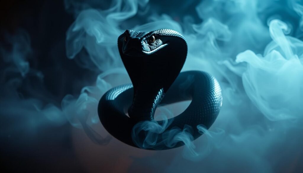 A coiled king cobra, its hood flared, eyes gleaming with primal intensity, hovers in the center of a dimly lit, smoky dreamscape. Tendrils of mist swirl around the serpent, casting an aura of mystery and foreboding. In the background, a kaleidoscope of abstract, shifting shapes and colors evokes the subconscious realm of the dreamer's psyche. The lighting is dramatic, casting deep shadows and highlights that accentuate the cobra's menacing presence. The overall atmosphere is charged with a sense of danger and the visceral fear that the deadly snake inspires, yet also a hint of the primal, spiritual power it represents in dream symbolism.