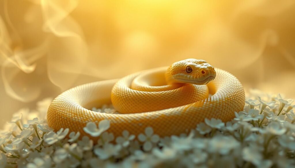 A coiled yellow snake, its scales shimmering in the soft, ethereal light, rests upon a bed of delicate white flowers. The snake's eyes are closed, its posture serene, radiating a sense of tranquility and spiritual healing. Wisps of mist swirl around the scene, creating an otherworldly, meditative atmosphere. The background fades into a warm, golden glow, symbolizing a transformative, restorative energy. Captured through a wide-angle lens, the composition draws the viewer into the snake's peaceful, contemplative state, inviting them to experience the healing and renewal it represents.