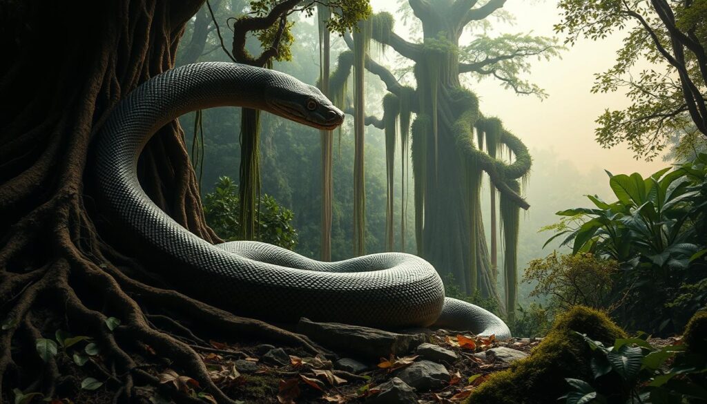 A colossal python snake coiled amidst a lush, verdant rainforest, its scales gleaming in the soft, diffused light filtering through the canopy above. In the foreground, intricate root systems intertwine with fallen leaves and moss-covered rocks, creating a sense of primordial, untamed nature. The middle ground features towering, ancient trees draped in cascading vines and ferns, their branches reaching skyward. In the distant background, a hazy, dreamlike horizon line evokes a sense of the subconscious and the ethereal. The entire scene is bathed in a warm, earthy palette, conveying a profound connection between the snake, its environment, and the subconscious realm.