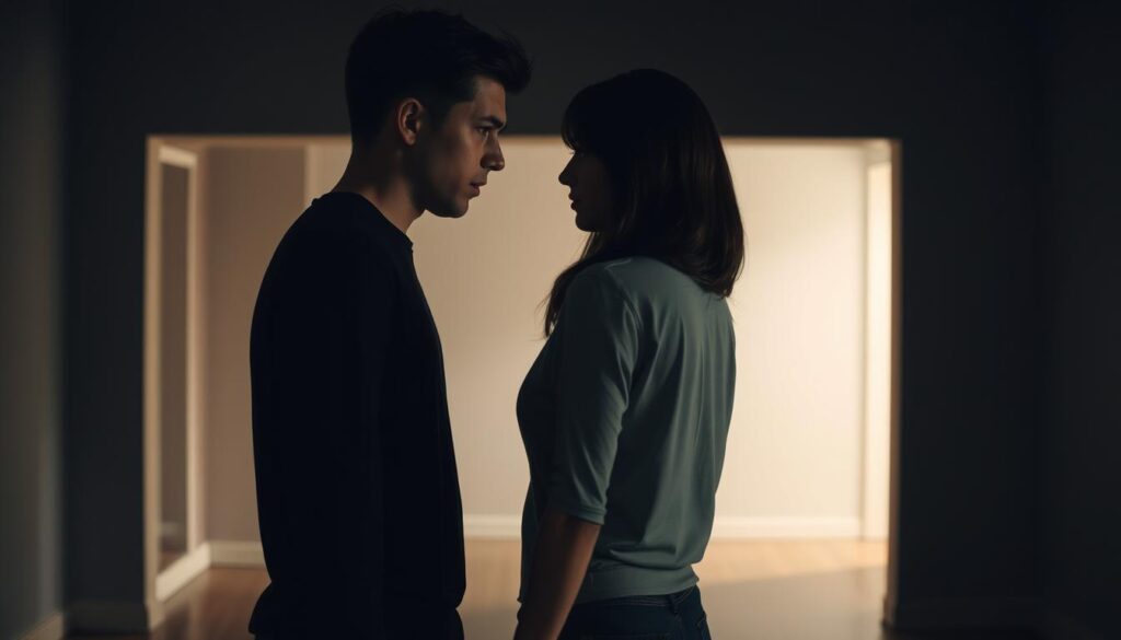 A couple standing face-to-face, their expressions tense and bodies rigid, conveying unspoken emotional turmoil. The foreground is dimly lit, casting dramatic shadows that accentuate the rift between them. In the background, a blurred, empty room symbolizes the emotional distance and isolation they feel. The scene is captured through a wide-angle lens, emphasizing the weight of the situation and the sense of disconnect. The overall tone is somber, evoking the unsettled nature of their relationship and the need for open communication to resolve the underlying tensions.