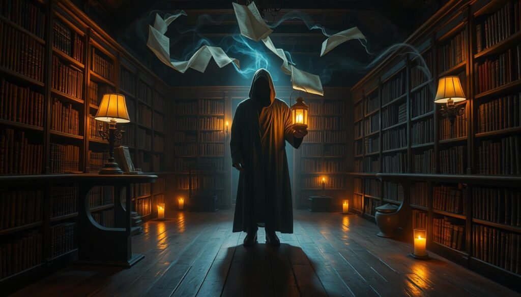 A cozy and inviting library interior, dimly lit by soft, warm lighting emanating from ornate floor lamps and candles. Rows of ancient, leather-bound books line the shelves, casting long shadows across the aged wooden floors. In the center of the room, a spectral figure of a librarian guide emerges, clad in a flowing robe and holding a glowing lantern. Their face is obscured in shadow, but an aura of mystic wisdom and insight radiates from their presence. The scene evokes a sense of otherworldly discovery, as if the books themselves hold the secrets to unlocking hidden truths. Wispy tendrils of book pages swirl through the air, connecting the physical and the metaphysical realms.