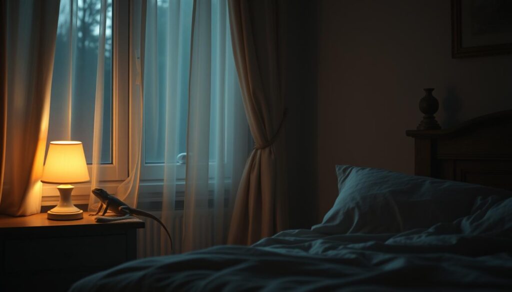 A cozy bedroom interior, dimly lit by a warm lamp on the nightstand. In the corner, a medium-sized house lizard rests on the windowsill, its eyes half-closed as if in a contemplative dream. The lizard's lithe form casts an elongated shadow on the wall, blending with the soft textures of the room - a plush comforter, delicate curtains, and weathered wooden furniture. The atmosphere is serene, inviting the viewer to ponder the symbolic meaning of this domestic reptilian presence and its potential significance in the dreamer's subconscious.