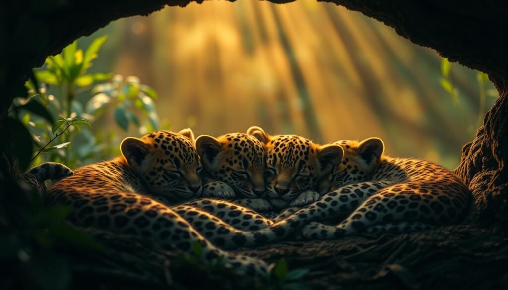 A cozy den filled with sleeping leopard cubs, their spotted coats softly illuminated by a warm, diffused light filtering through the canopy above. The cubs are curled up together, their tiny paws tucked under their chins, dreaming peacefully. The background is a lush, verdant forest, with a gentle mist hovering in the air, creating an atmosphere of tranquility and serenity. The scene conveys a sense of protection, vulnerability, and the boundless potential of these young predators as they slumber, their future still unwritten.