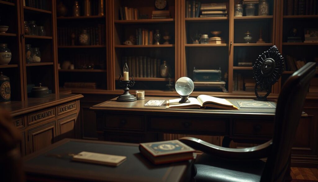 A cozy, dimly lit home office with a wooden desk and ornate chair. On the desk sits a crystal ball, tarot cards, and an old leather-bound book. A medium-toned wooden bookshelf fills the background, adorned with antique jars and trinkets. Soft, warm lighting casts a serene atmosphere, inviting the viewer to a professional dream interpretation consultation. The scene conveys an air of mysticism and introspection, perfect for illustrating a section on seeking expert guidance for disturbing dreams.