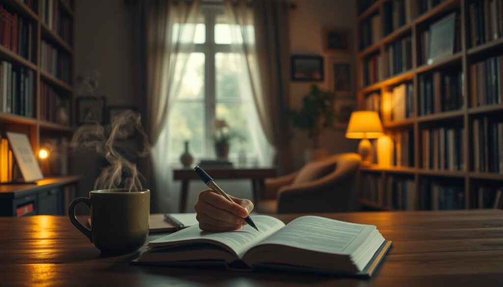 A cozy, dimly lit home office with an open notebook, a pen, and a mug of steaming tea on a wooden desk. Bookshelves line the walls, casting warm, golden light across the scene. In the foreground, a person's hands are gently recording their dream experiences, their face conveyed with soft, focused expression. The atmosphere is one of introspection and personal growth, as the subject explores the depths of their subconscious through the practice of dream journaling.