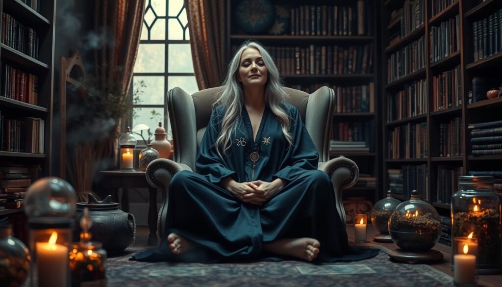 A cozy, dimly lit office filled with mystical accoutrements - crystal balls, tarot cards, and herb-filled jars. In the center, a professional-looking witch sits cross-legged on a plush armchair, eyes closed in deep concentration. Soft, warm lighting casts a tranquil glow, as wisps of incense drift through the air. The witch wears a flowing, midnight-blue robe adorned with celestial symbols, her long, silver hair framing her serene face. Bookshelves line the walls, stuffed with tomes on dream interpretation and the occult. An aura of tranquility and therapeutic insight pervades the scene, inviting the viewer to seek guidance from this experienced practitioner of dream therapy.