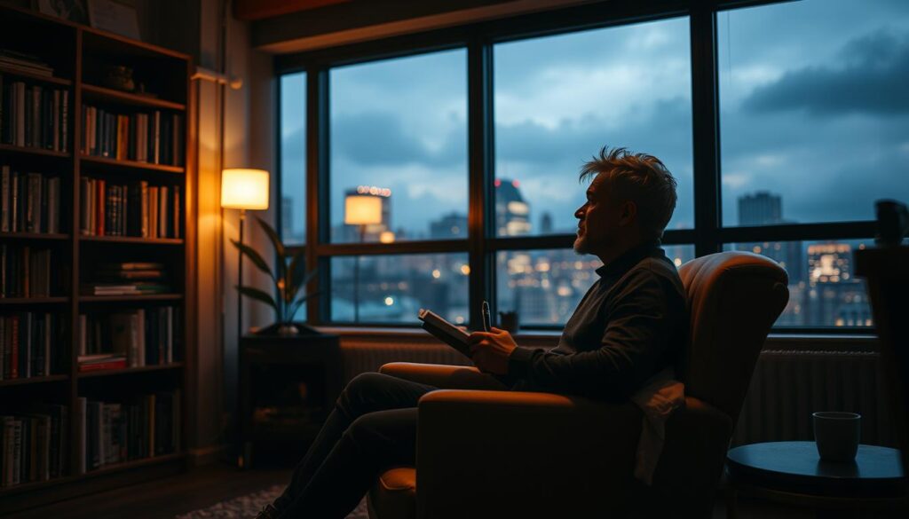 A cozy, dimly lit room with soft, warm lighting. In the foreground, a person sits comfortably in a plush armchair, deep in thought, holding a notebook and pen. Shelves line the walls, filled with books on dreams, psychology, and self-help. A large window in the background offers a tranquil view of a nighttime cityscape, the lights twinkling softly. The atmosphere is one of calm, introspection, and professional expertise, creating a safe and nurturing environment for dream analysis and support.
