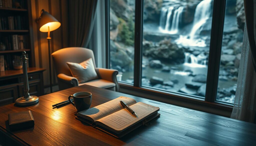 A cozy home office with a wooden desk, a plush armchair, and a large window overlooking a serene waterfall. On the desk, a leather-bound journal lies open, surrounded by an assortment of writing instruments and a cup of steaming tea. Soft, warm lighting illuminates the scene, creating a contemplative and introspective atmosphere. In the background, the distant sound of the waterfall cascading over the rocks provides a soothing soundtrack, inviting the dreamer to delve into the depths of their subconscious and record their experiences.