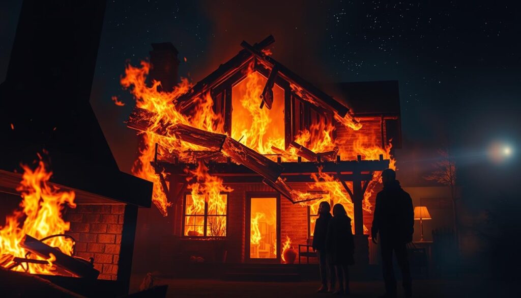 A cozy house engulfed in vibrant flames, the fire's glow casting an eerie, almost dreamlike atmosphere. In the foreground, a crackling hearth emits swirling embers, while shadowy figures of family members stand transfixed, their expressions a mix of fear and awe. The middle ground features a collapsing roof, its timber beams twisting and groaning. In the background, a night sky peppered with stars provides a haunting contrast to the raging inferno. Lens flares and a slightly hazy, cinematic quality enhance the sense of surreal, subconscious imagery. This image evokes the symbolic transformation and destruction often associated with house fire dreams.