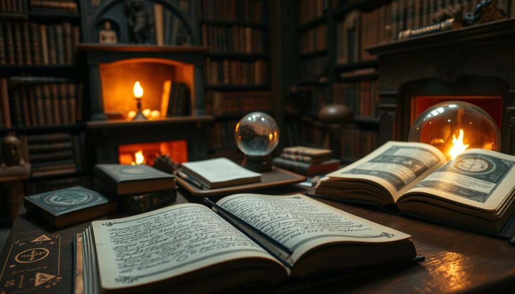 A cozy study filled with the tools of dream interpretation. In the foreground, an open book with handwritten notes and a set of tarot cards. In the middle ground, a wooden desk with a crystal ball, runes, and a dream journal. The background features bookshelves overflowing with ancient tomes on the occult and mysticism, lit by the warm glow of a fireplace. The scene has a contemplative, otherworldly atmosphere, inviting the viewer to delve into the secrets of the subconscious. Soft, diffused lighting casts a dreamlike quality, as if the space itself is on the threshold between the waking and sleeping worlds.