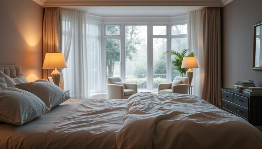 A cozy, well-lit bedroom with soft, natural lighting filtering through sheer curtains. In the foreground, a plush queen-sized bed adorned with crisp, white linens and a selection of fluffy pillows. On the nightstands, a pair of reading lamps emit a warm, soothing glow. In the middle ground, a comfortable armchair and a small side table with a stack of calming books. The background features a large window overlooking a serene outdoor scene, perhaps a tranquil garden or a peaceful forest. The overall atmosphere is calm, inviting, and conducive to restful sleep.