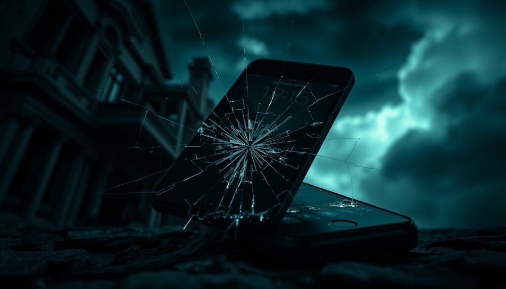 A dark and foreboding dream landscape, with a shattered phone screen dominating the foreground. Cracks radiate outward from the impact point, casting an ominous web-like pattern across the device. The background features a sense of unease, with distorted architectural elements and a muted color palette suggesting a sense of anxiety and unease. Dramatic lighting casts deep shadows, adding to the overall sense of tension and impending doom. The angle is slightly low, creating a sense of the phone looming large in the viewer's perception, emphasizing its symbolic significance. Overall, the image conveys a powerful metaphor for the anxieties and uncertainties that can arise in our waking lives.