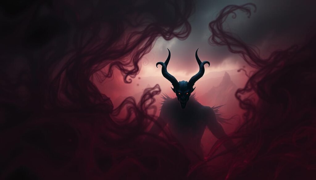 A dark and foreboding scene, a swirling maelstrom of crimson and ebony hues. In the foreground, a demonic entity emerges, its horns curling menacingly, eyes glowing with an otherworldly malevolence. Tendrils of shadowy mist coil around its form, as if reaching out to ensnare the viewer. The middle ground is shrouded in a hazy, dreamlike atmosphere, with fractured, kaleidoscopic patterns pulsing and shifting. In the distant background, a landscape of jagged, twisted peaks and valleys, a realm of nightmares made manifest. Dramatic, high-contrast lighting casts the scene in an ominous, chiaroscuro effect, heightening the sense of dread and spiritual unease. Cinematic, widescreen composition, with a sense of depth and immersion.