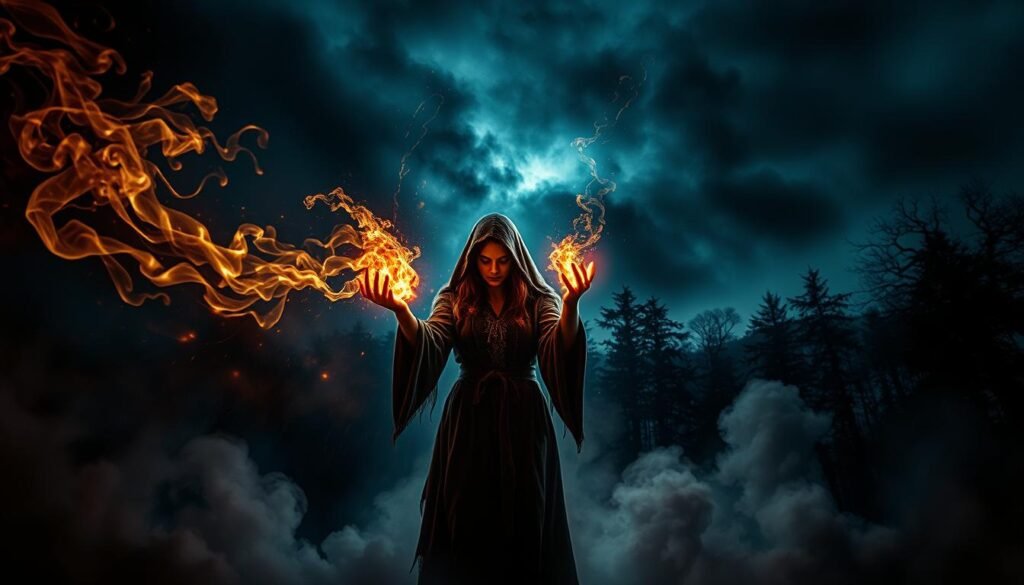 A dark and stormy night, a woman in a tattered cloak stands amidst a swirling vortex of shadows and arcane energy. Her hands glowing with unholy power, she unleashes a torrent of mystical forces, conjuring swirling tendrils of smoke and flickering spectral flames. The air crackles with an oppressive, ominous atmosphere, as if the very fabric of reality is being torn asunder. In the background, a silhouetted forest looms, its twisted, gnarled trees reaching up towards a roiling, tempestuous sky. This is a dream of a witch's attack, a premonition of unseen dangers and the need to be vigilant against the forces of the occult.