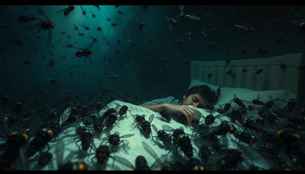 A dark and unsettling dream landscape, where an aggressive swarm of flies encircles a sleeping figure, their compound eyes gleaming with malicious intent. The foreground is dominated by the swarming insects, their erratic movements conveying a sense of unease and impending doom. The middle ground features the restless sleeper, tossing and turning, caught in the grip of a nightmarish vision. The background is shrouded in the dim, hazy light of a dreamscape, lending an otherworldly, surreal quality to the scene. The overall atmosphere is one of tension, anxiety, and the lingering sense that the flies' presence portends something ominous and disruptive in the dreamer's life.