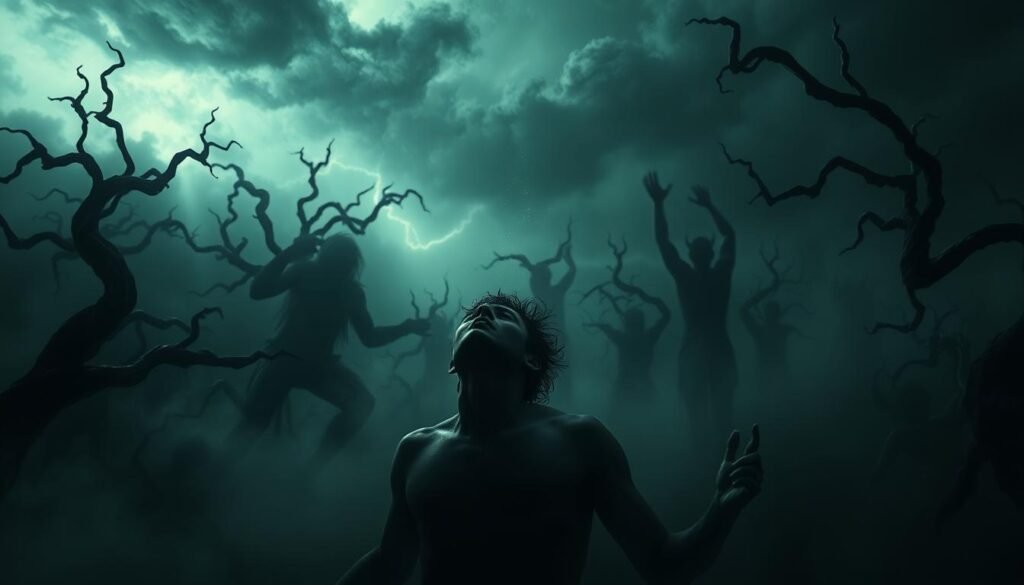 A dark, atmospheric dreamscape with swirling mists and ominous shadows. In the foreground, a lone figure writhes in a state of inner turmoil, their face contorted with anguish. Surrounding them, vague demonic shapes emerge from the gloom, their sinister presence palpable. The background is a chaotic landscape of twisted, gnarled trees and a stormy, thunderous sky, evoking a sense of cosmic unease. The lighting is dramatic, with sharp contrasts between light and shadow, creating a sense of unease and tension. The overall mood is one of spiritual warfare, a visceral depiction of the struggle between the forces of light and dark within the human psyche.