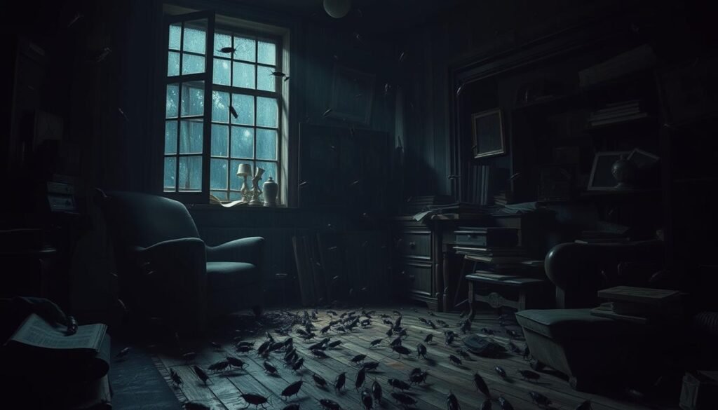 A dark, dimly lit room with a sense of unease. Cockroaches scurry across the floor, crawling up the walls and gathering in the corners. The lighting is moody, creating long shadows that add to the unsettling atmosphere. The room is cluttered with old furniture, dusty books, and forgotten relics, hinting at the passage of time. In the background, a window offers a glimpse of a gloomy, rain-soaked night outside, reinforcing the sense of isolation and the cockroaches' intrusion into this private space. The image conveys a sense of the subconscious, where the unwelcome presence of these insects symbolizes the intrusion of undesirable thoughts or emotions into the dreamer's psyche.
