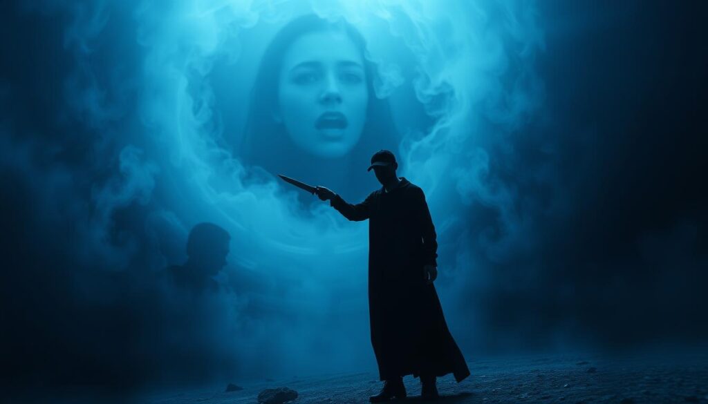 A dark, dreamlike landscape of a person's unconscious mind. In the foreground, a shadowy figure stands, knife in hand, poised to strike. Their features are obscured, representing the hidden nature of the threat. The middle ground is a swirling, ethereal void, hinting at the subconscious fears and anxieties that fuel the dream. In the background, a faint, ghostly outline of a face, the victim's, appears to be pleading or crying out. The scene is bathed in a cool, ominous blue-grey lighting, creating a sense of unease and foreboding. The overall composition conveys the unsettling and visceral experience of a "murder dream," a visual metaphor for the internal struggle against perceived threats.