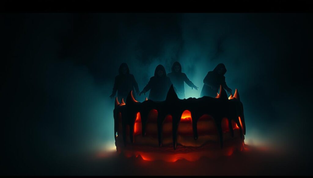 A dark, dreamlike landscape with ominous, shadowy figures emerging from a sinister, distorted cake. The cake itself is a twisted, nightmarish creation, with jagged edges and a pulsing, otherworldly glow. The figures are indistinct, their forms shifting and blending into the surreal, unsettling atmosphere. The lighting is moody and low-key, creating an eerie, unsettling mood. The camera angle is slightly low, adding to the sense of unease and unnatural scale. The overall scene conveys a sense of dread and the subversion of the familiar, as the comforting symbol of a cake becomes a source of fear and unease.