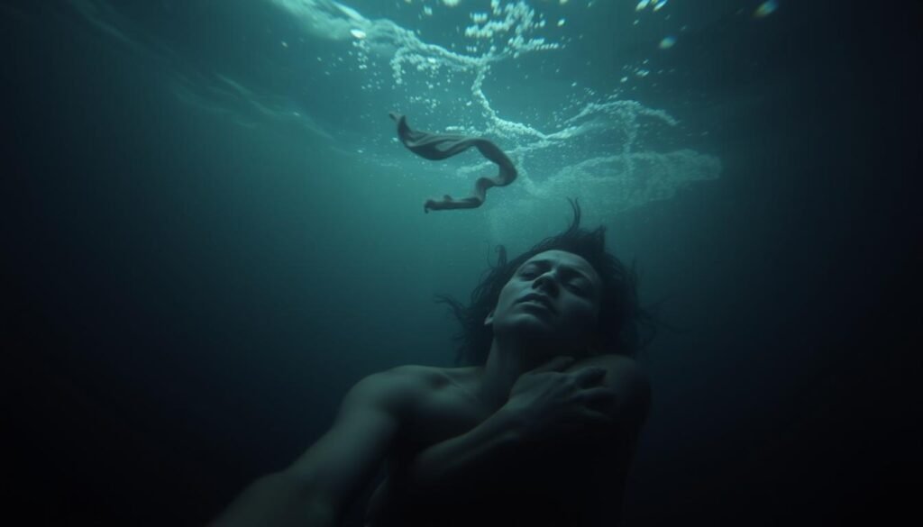 A dark, dreamlike underwater scene with a figure struggling to swim against a swirling current. In the foreground, the person's face is distorted, their expression one of panic and desperation as they reach for the surface. The middle ground is filled with a hazy, ethereal quality, with wisps of fabric or seaweed drifting in the water. The background is obscured by a sense of depth and distortion, hinting at the vast, unknowable nature of the subconscious. The lighting is moody and atmospheric, with shafts of light piercing the murky depths. A sense of unease and the fragility of the human condition pervades the image.