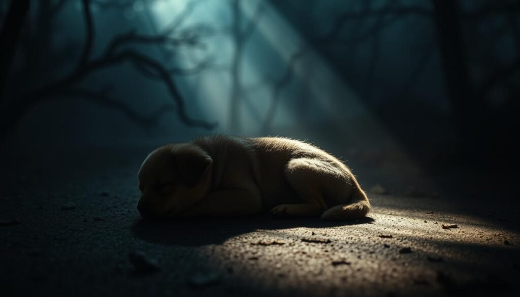 A dark, dreamy landscape with a sleeping puppy curled up in the foreground, its fur casting soft shadows across the ground. In the background, swirling mists and silhouettes of trees create an atmosphere of mystery and the subconscious. Shafts of moody, low-angle lighting illuminate the scene, casting the puppy's form in dramatic chiaroscuro. The overall tone is one of introspection and hidden depths, reflecting the symbolism of shadow work and the exploration of the puppy's inner emotional world.