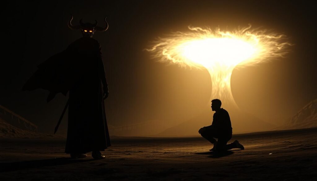 A dark, foreboding biblical scene set in an ancient desert landscape. In the foreground, a figure representing the devil stands tall, his eyes glowing with a sinister intensity. Behind him, a swirling vortex of spiritual energy erupts, casting an ominous glow across the scene. In the middle ground, a lone dreamer kneels, eyes closed, their face etched with a look of both fear and determination. The background is shrouded in deep shadows, with only a faint glimmer of light peeking through, symbolizing the spiritual warfare taking place. Dramatic chiaroscuro lighting casts dramatic shadows, creating a sense of high-contrast drama and tension. Rendered in a moody, cinematic style with a heavy emphasis on atmosphere and symbolism.