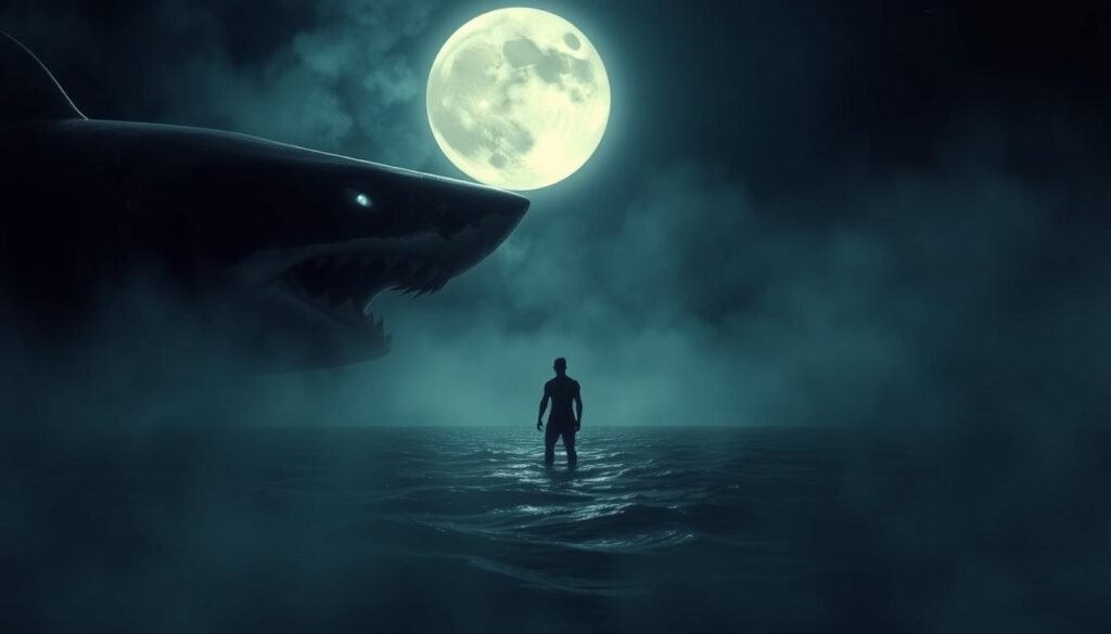 A dark, moonlit ocean scene. In the foreground, a large, imposing shark emerges from the depths, its sharp teeth bared in a menacing display. The shark's eyes glow with an otherworldly intensity, conveying a sense of primal power and danger. In the middle ground, a lone human figure, standing resolute and unflinching, meets the shark's gaze with a determined expression. The figure's posture and demeanor suggest a confrontation, a willingness to face their deepest fears. The background is shrouded in a swirling, almost dreamlike mist, hinting at the symbolic and subconscious nature of this encounter. The overall atmosphere is one of tension, mystery, and the exploration of the duality between fear and inner strength.