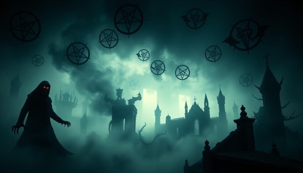 A dark, ominous dreamscape with sinister demonic signs and symbols floating in the air. In the foreground, a shadowy figure with glowing red eyes and sharp claws emerges from the mist, exuding a sense of foreboding. The middle ground features distorted, twisted structures and architectural elements, hinting at a hellish, nightmarish realm. The background is shrouded in an eerie, otherworldly glow, creating an unsettling, oppressive atmosphere. The lighting is dramatic, with chiaroscuro effects and deep shadows casting an ominous, supernatural vibe. The overall scene conveys a sense of dread, as if the viewer is experiencing the "Signs of Demonic Influence in Dreams".