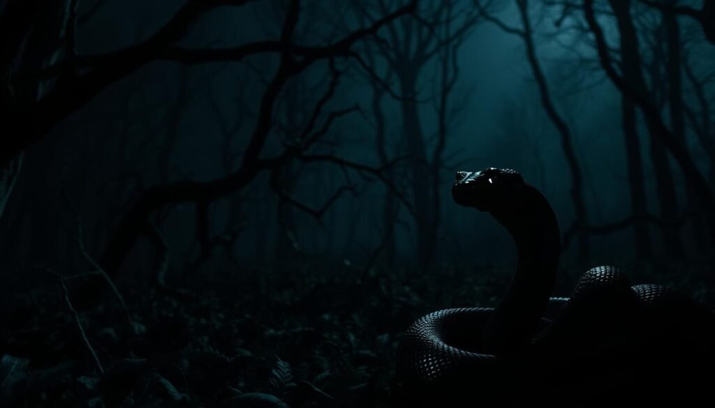 A dark, ominous forest at night. In the foreground, a coiled black snake, its scales gleaming ominously, emerges from the undergrowth. The snake's eyes glow with an eerie, foreboding intensity, as if issuing a dire warning. In the middle ground, twisted, gnarled tree branches cast long, ominous shadows, creating an atmosphere of unease and trepidation. The background is shrouded in deep, inky blackness, with only a faint, haunting mist visible, heightening the sense of foreboding. Dramatic, high-contrast lighting casts dramatic shadows, emphasizing the snake's menacing presence and the overall sense of foreboding and unease.