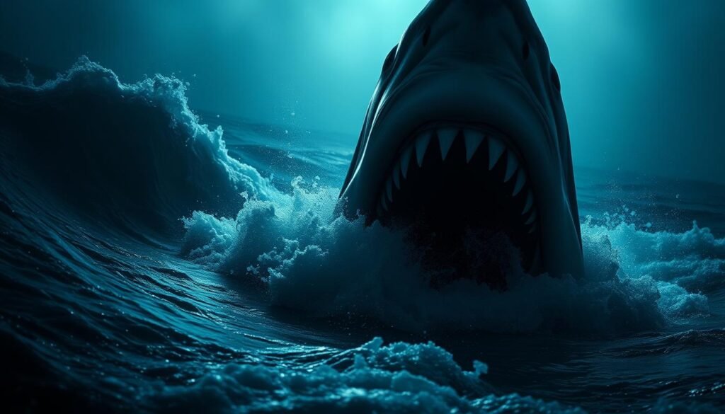 A dark, ominous seascape where a massive, tooth-filled shark emerges from the depths, its jaws agape, ready to strike. The foreground is a swirling vortex of churning waves and foaming water, capturing the intensity and chaos of the attack. The middle ground features the shark's powerful silhouette, its eyes locked on its prey, while the background is a hazy, dreamlike expanse of deep blue hues and subtle, otherworldly lighting. The scene exudes a sense of primal fear and the subconscious struggle to confront hidden threats, reflecting the spiritual significance of the shark's symbolism within the dream realm.