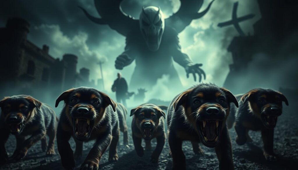 A dark, shadowy dreamscape where aggressive puppies prowl, their eyes filled with primal fear and aggression. In the foreground, a pack of snarling, feral pups with jagged teeth and bristling fur, their movements jerky and unpredictable. The middle ground features a distorted, fractured landscape of crumbling buildings and swirling mist, evoking a sense of unease and the subconscious. In the distance, a looming, ominous presence - a manifestation of the viewer's own inner turmoil and suppressed anxieties. Dramatic, low-angle lighting casts dramatic shadows, heightening the sense of danger and the unknown. An unsettling, cinematic composition that captures the symbolism of aggressive puppies as a representation of confronting one's deepest fears.